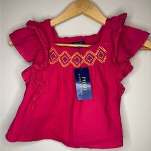Polo Ralph Lauren Girls Size 6 Pink Embroidered Flutter Sleeve Blouse NWT‎